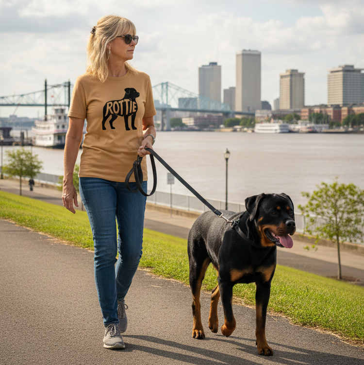 Woman walking a Rottweiler on a path by a river with city skyline in the background