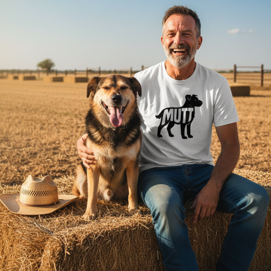 Man and dog sitting on a hay bale in a field with a 'MUTT' t-shirt
