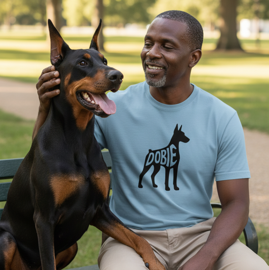 Man sitting on a bench with a Doberman in a park wearing a 'Dobie' t-shirt.