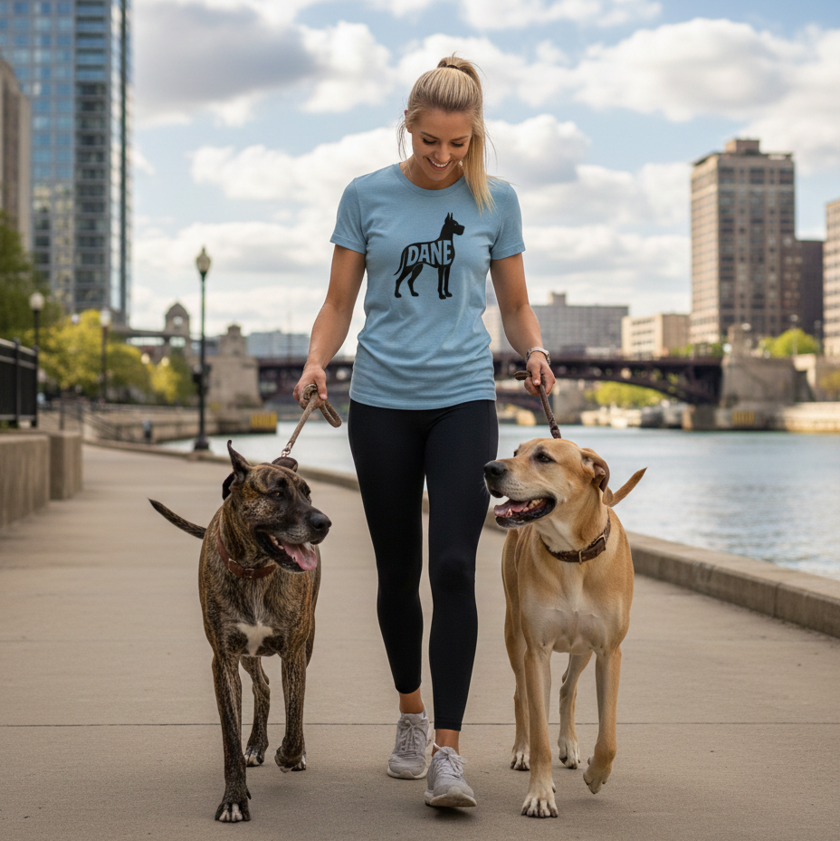 Woman walking two dogs on a boardwalk with a cityscape in the background