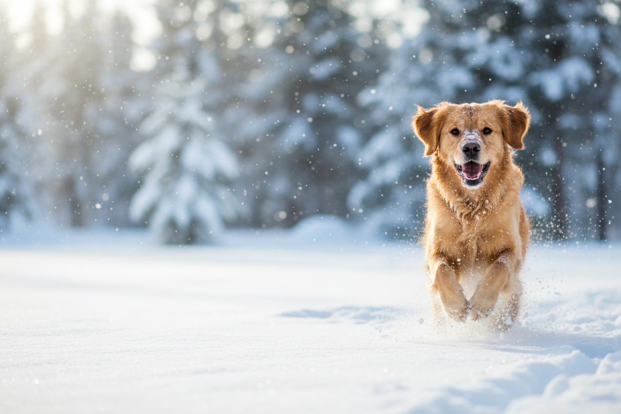 Happy dog playing in snow